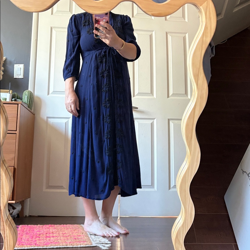 Free People Navy Embroidered Midi Dress